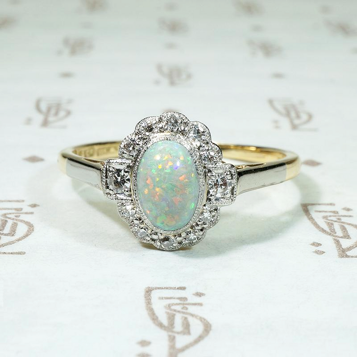 Flashing Opal & Diamond Halo Ring in Platinum & 18ct Gold