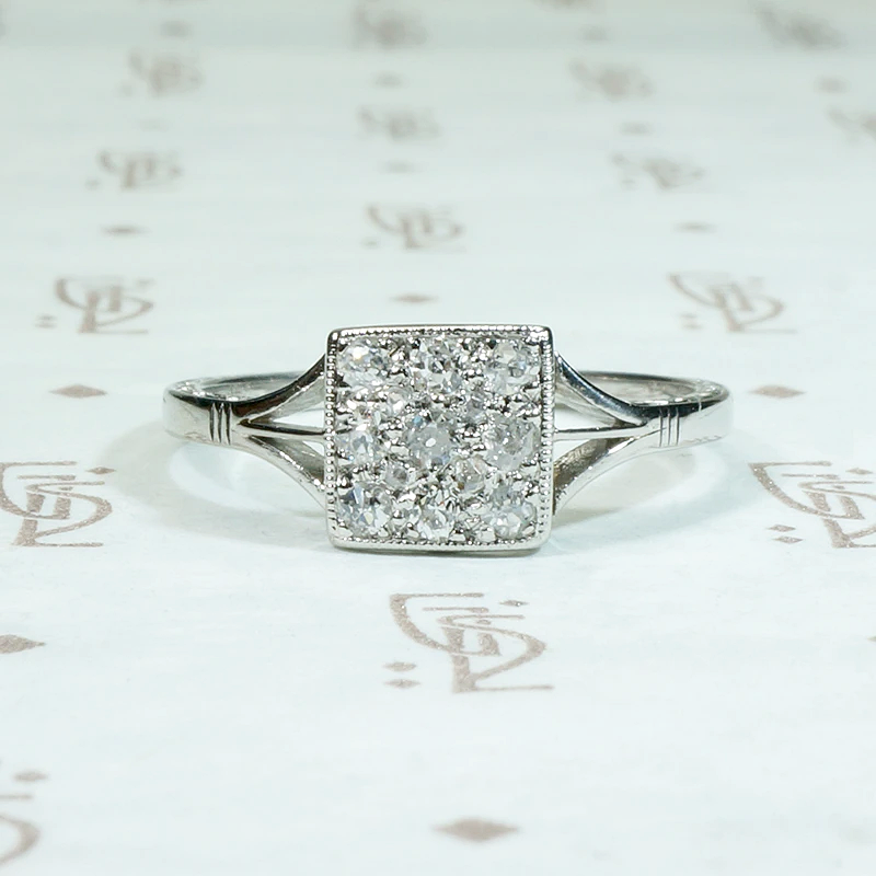 Sparkling Square Old Mine Cluster Ring in Platinum