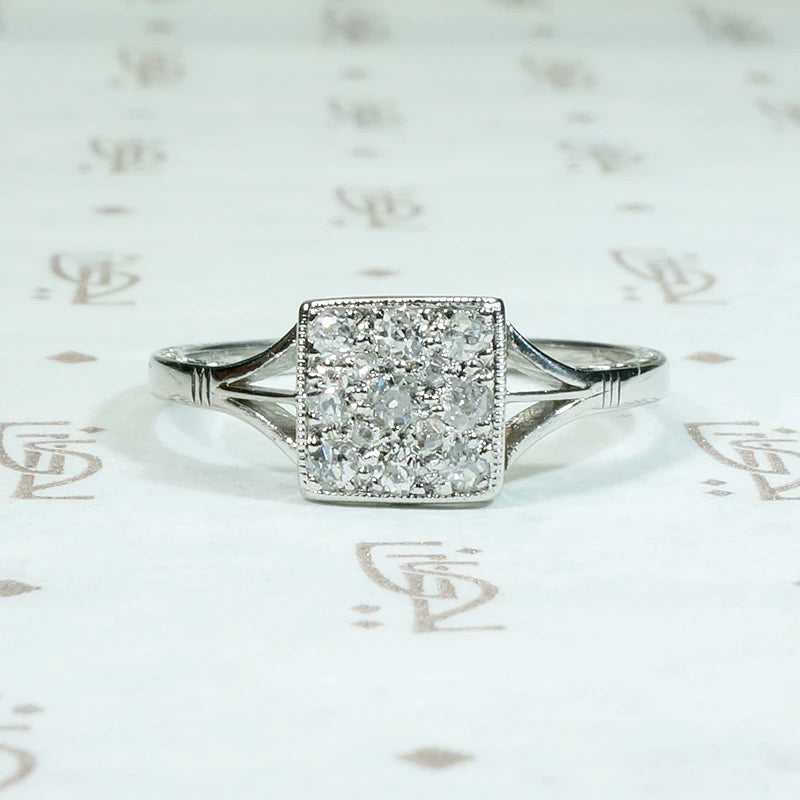 Sparkling Square Old Mine Cluster Ring in Platinum