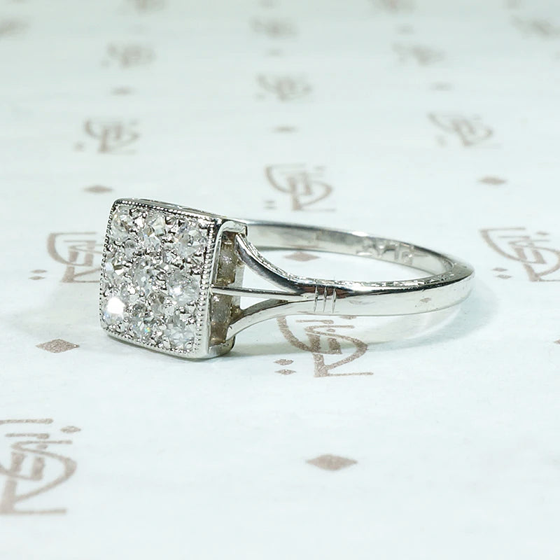 Sparkling Square Old Mine Cluster Ring in Platinum