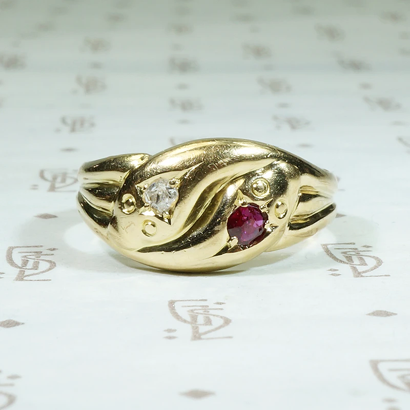 Sweet English 18ct Snake Ring with Diamond & Ruby