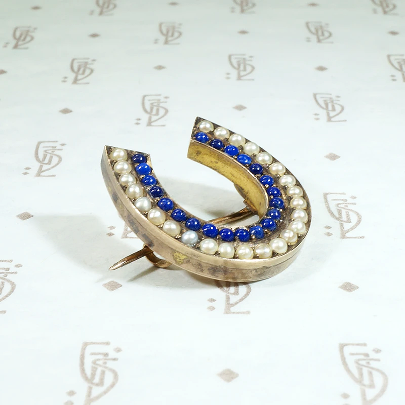 Victorian Horseshoe Brooch in Pearl & Lapis Lazuli
