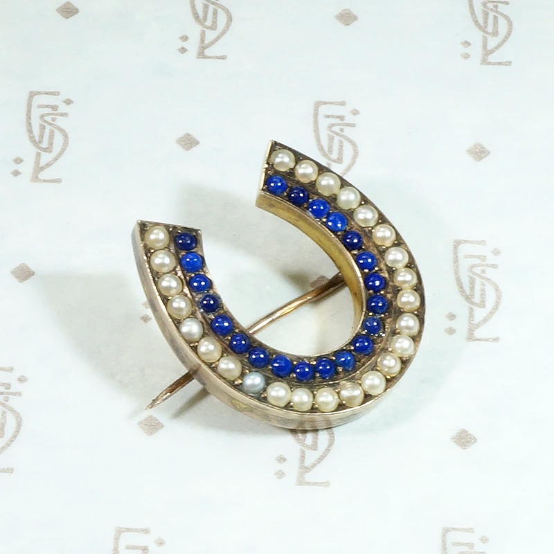Victorian Horseshoe Brooch in Pearl & Lapis Lazuli