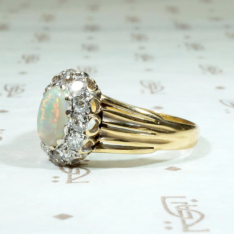 Colorful Opal in Old Mine Cut Diamond Halo Ring