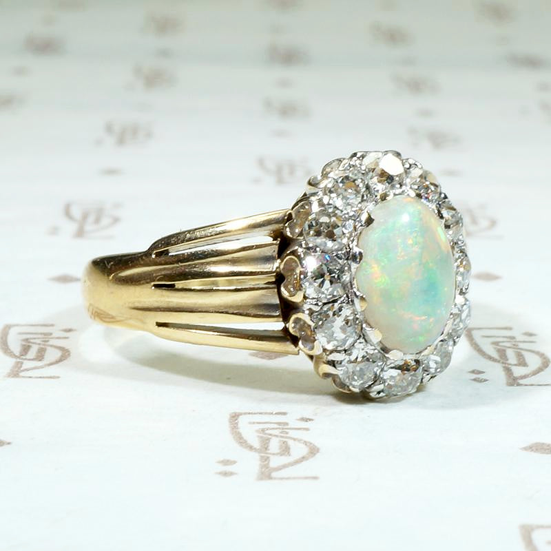 Colorful Opal in Old Mine Cut Diamond Halo Ring