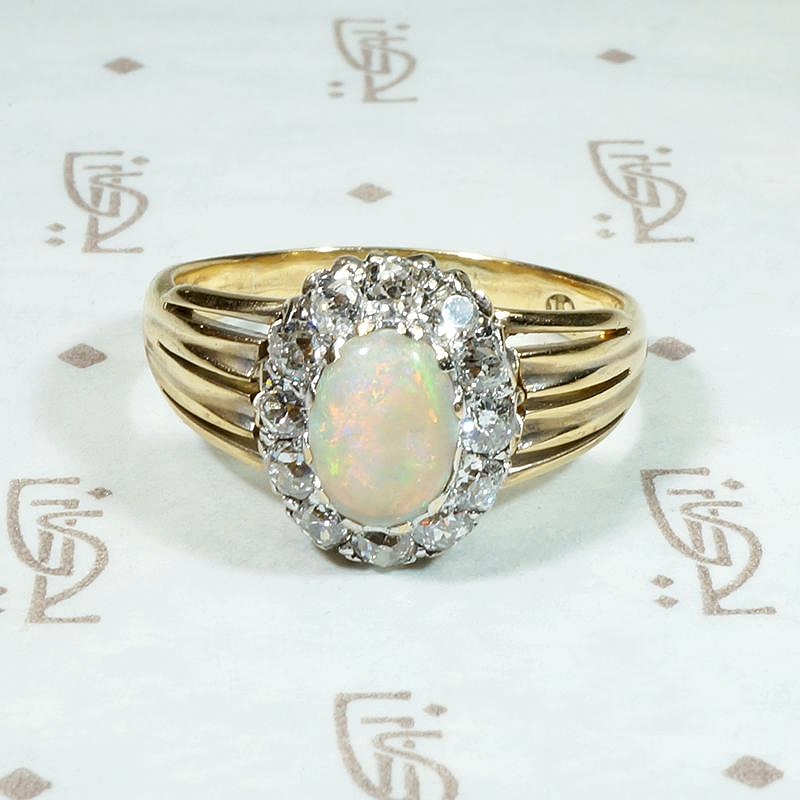Colorful Opal in Old Mine Cut Diamond Halo Ring
