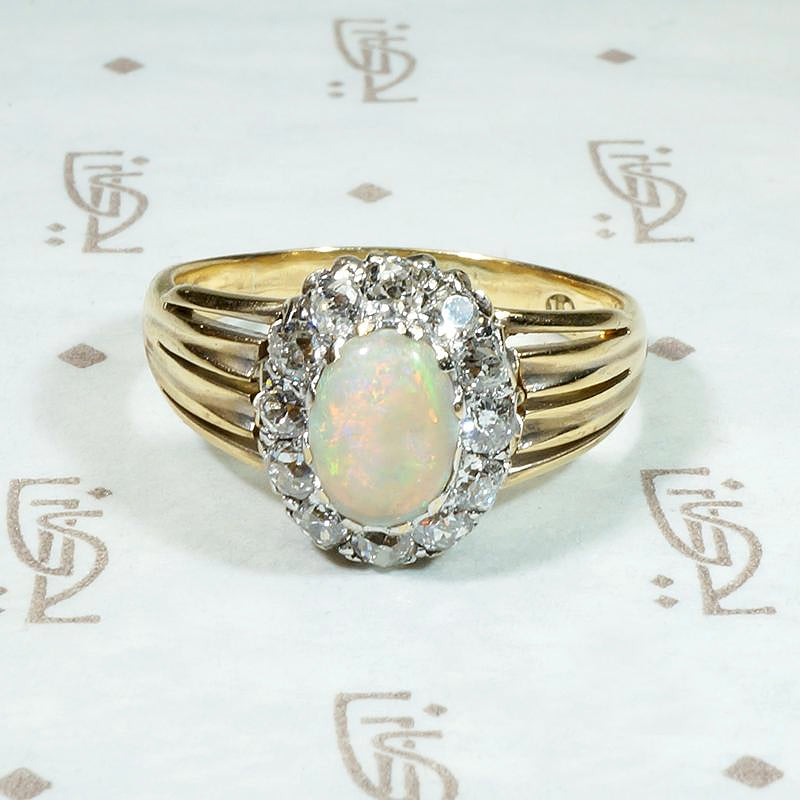 Colorful Opal in Old Mine Cut Diamond Halo Ring