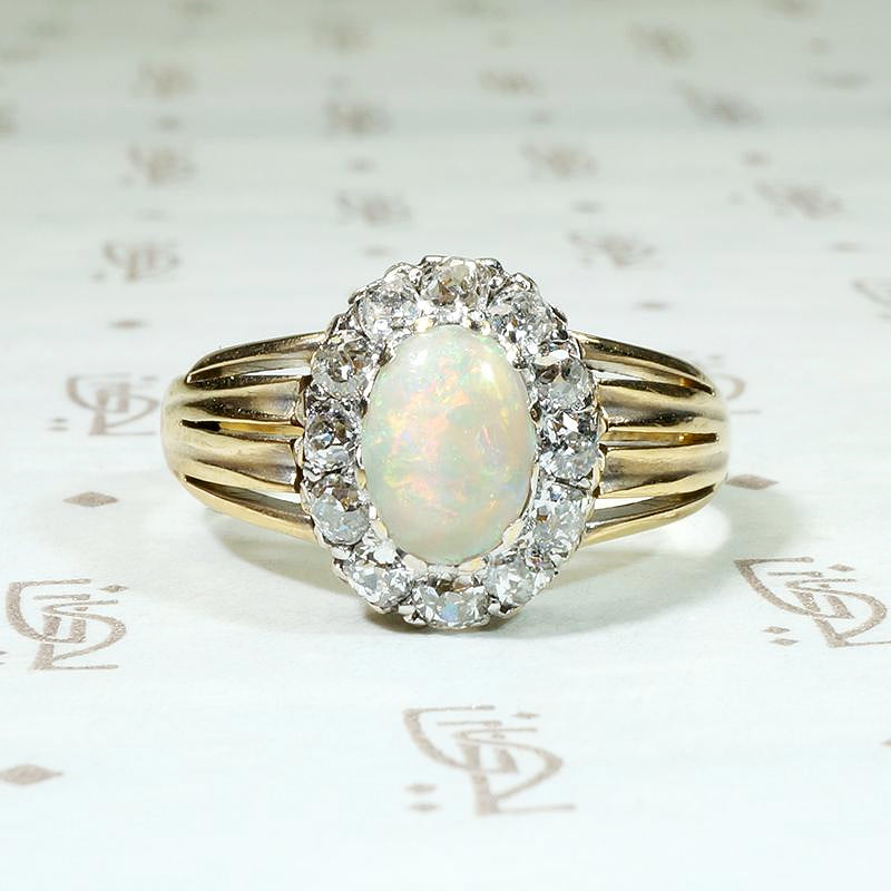Colorful Opal in Old Mine Cut Diamond Halo Ring