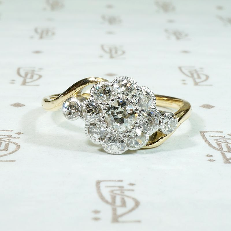 Old Mine Diamond Cluster in Platinum on 18ct Ring