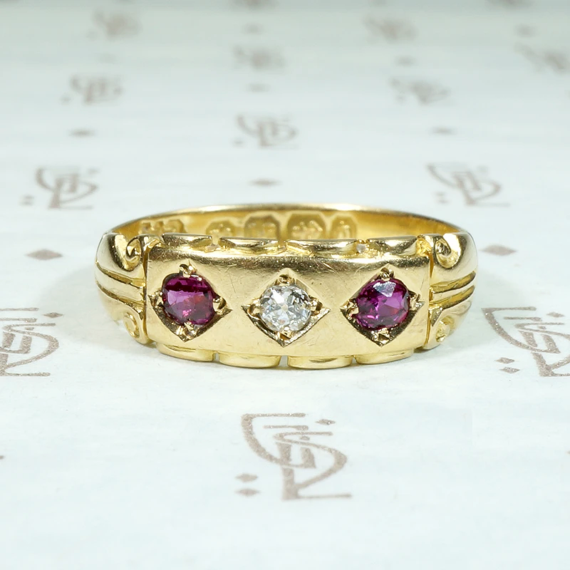 Victorian Ruby & Diamond Sculpted 18ct Gold Band