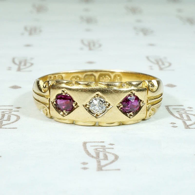 Victorian Ruby & Diamond Sculpted 18ct Gold Band