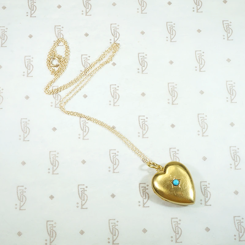 Luxe 15ct Gold & Turquoise English Heart Locket c.1901
