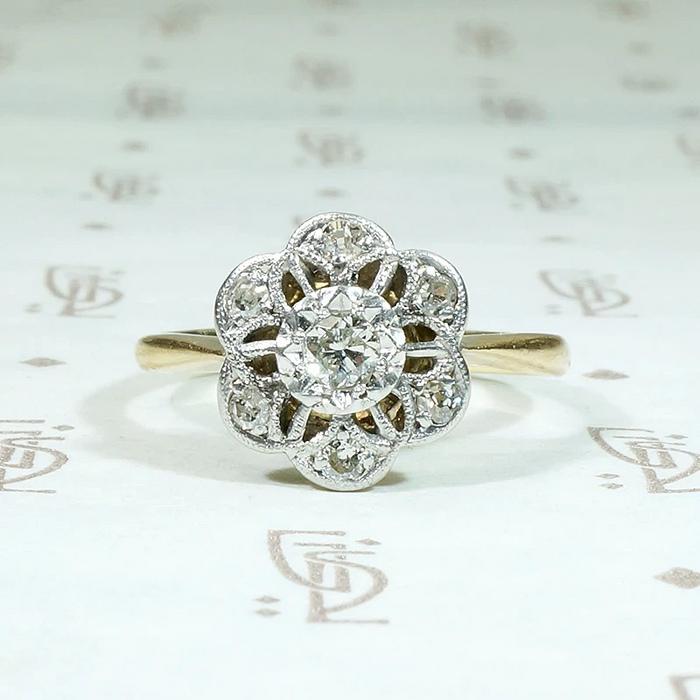 Lacy Open Work Diamond Cluster  Flower Ring