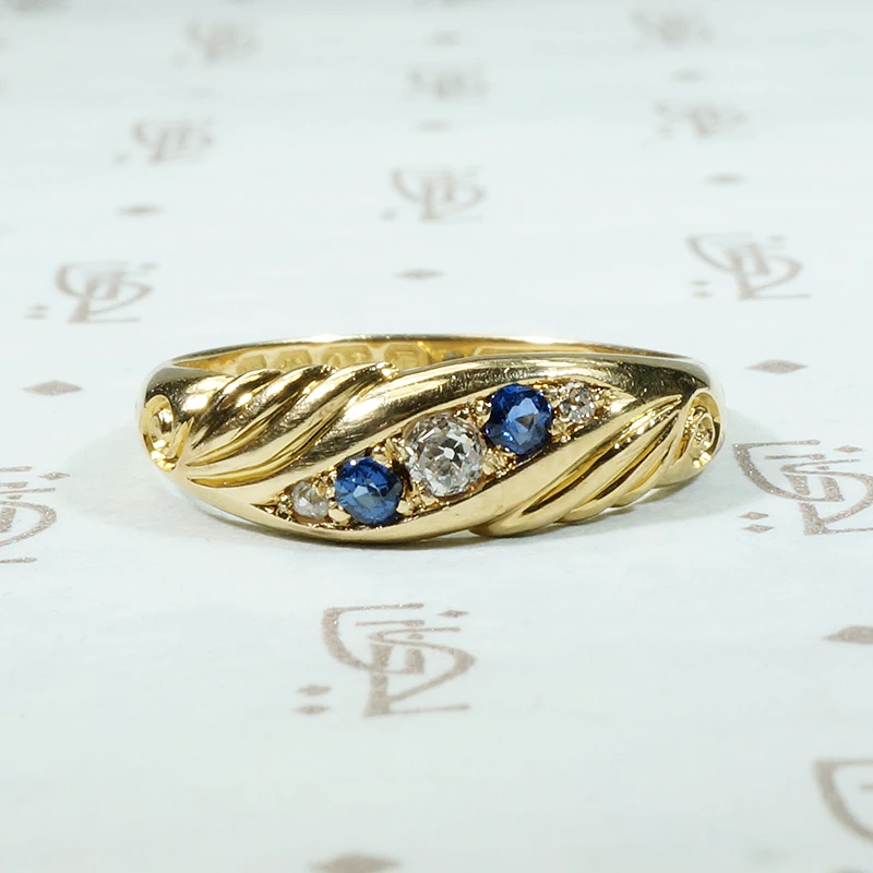 Sculpted English Gold Band with Sapphires & Diamonds