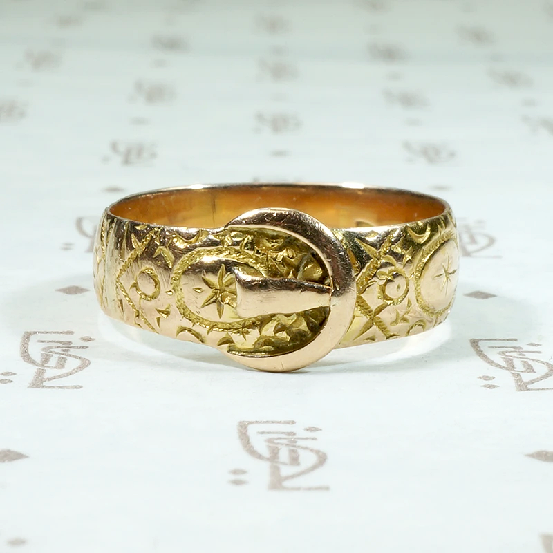 Engraved Victorian 15ct Gold Buckle Ring