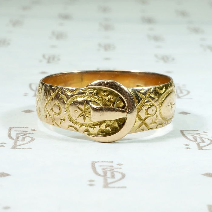 Engraved Victorian 15ct Gold Buckle Ring