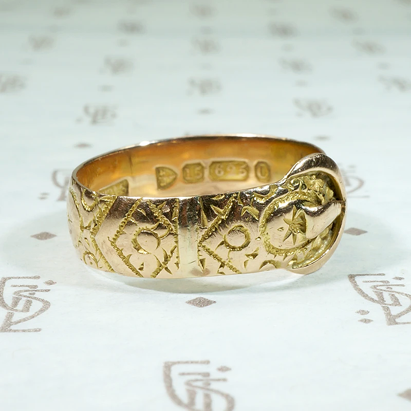 Engraved Victorian 15ct Gold Buckle Ring