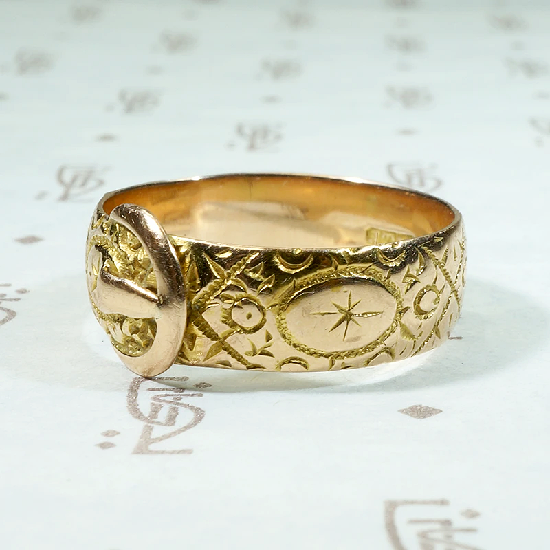 Engraved Victorian 15ct Gold Buckle Ring