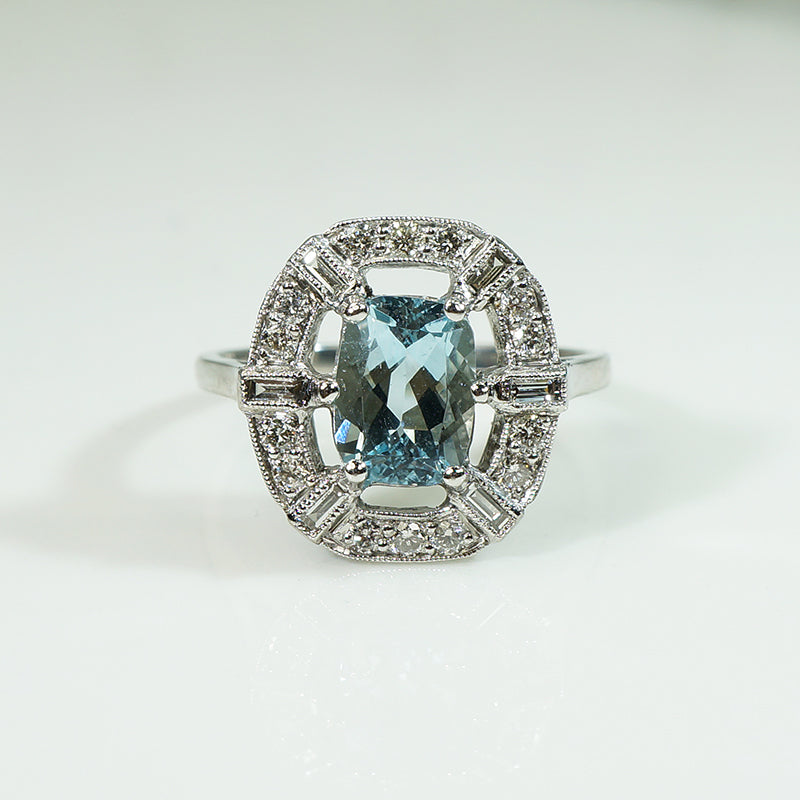 Platinum Aquamarine and Diamond Vintage Ring