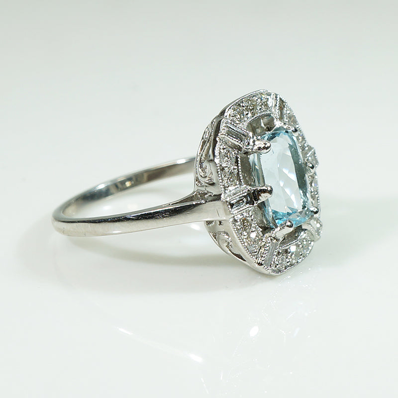Platinum Aquamarine and Diamond Vintage Ring