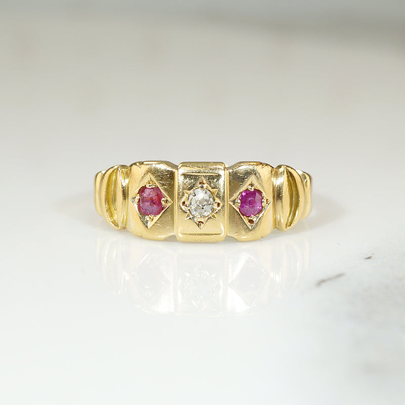 English Sculpted 18ct Gold Diamond & Ruby Band