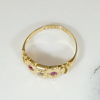 English Sculpted 18ct Gold Diamond & Ruby Band