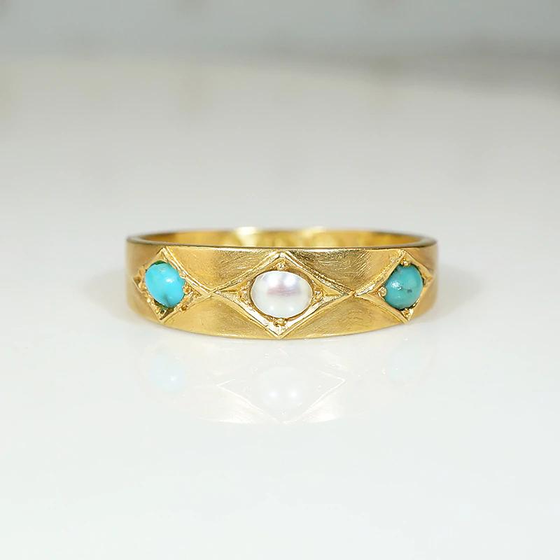 Exquisite Antique Pearl & Turquoise Band in 18ct Gold