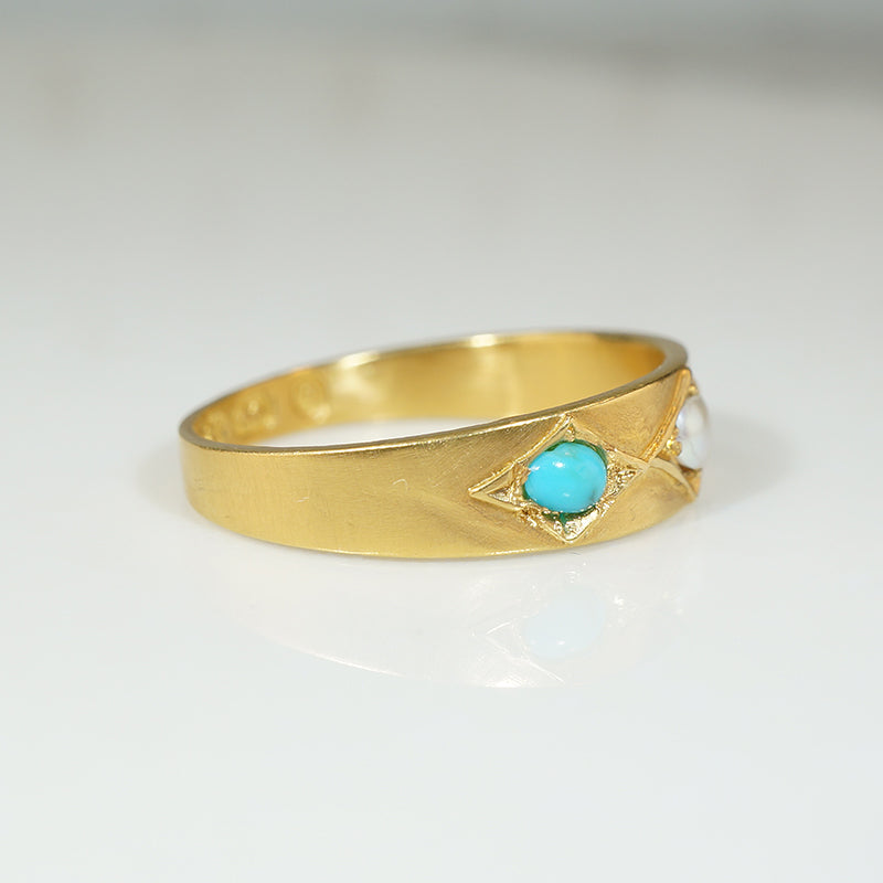Exquisite Antique Pearl & Turquoise Band in 18ct Gold
