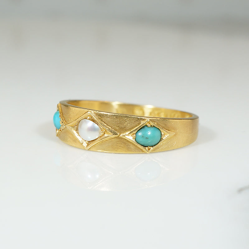 Exquisite Antique Pearl & Turquoise Band in 18ct Gold