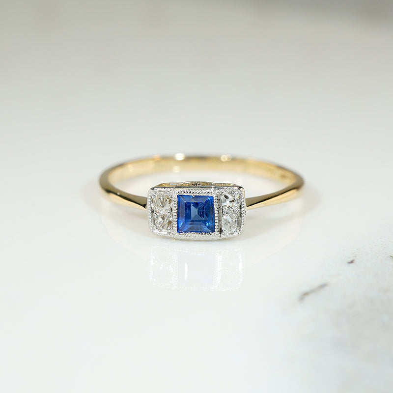Crisp Edwardian Sapphire Ring with Diamond Accents