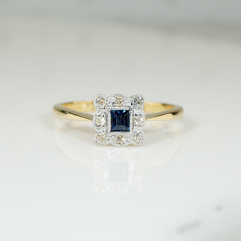 Edwardian Square Sapphire Diamond Frame Ring