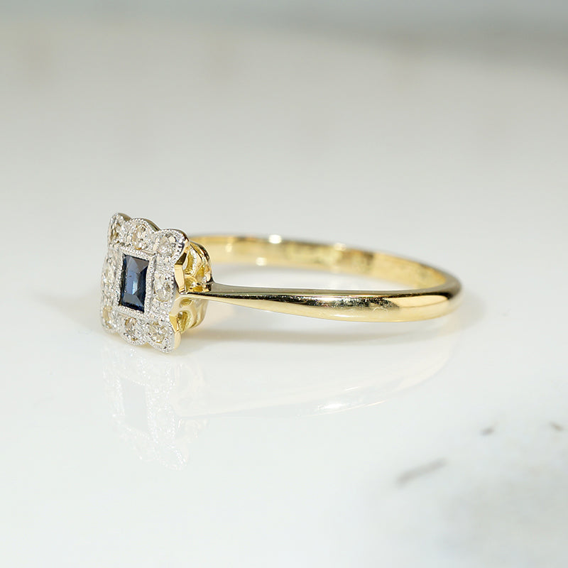 Edwardian Square Sapphire Diamond Frame Ring