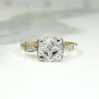 Old Mine & Rose Cut Diamond Two-Tone Petite Square Ring