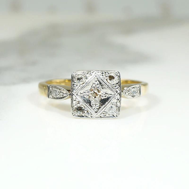 Old Mine & Rose Cut Diamond Two-Tone Petite Square Ring
