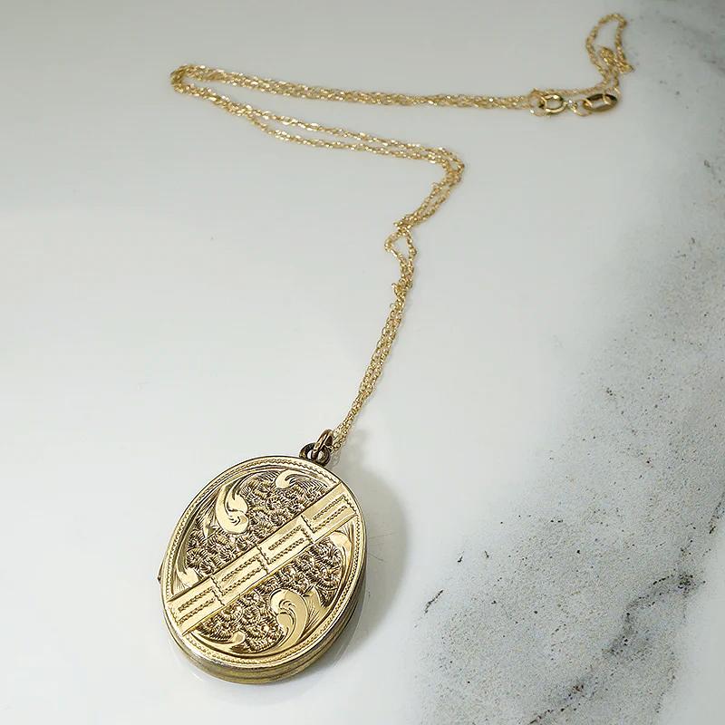 Engraved Shield Gold Locket with Handsome Photo
