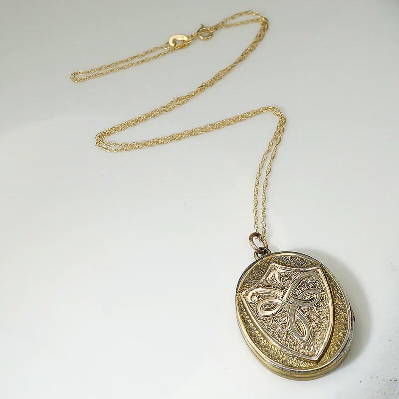 Engraved Shield Gold Locket with Handsome Photo