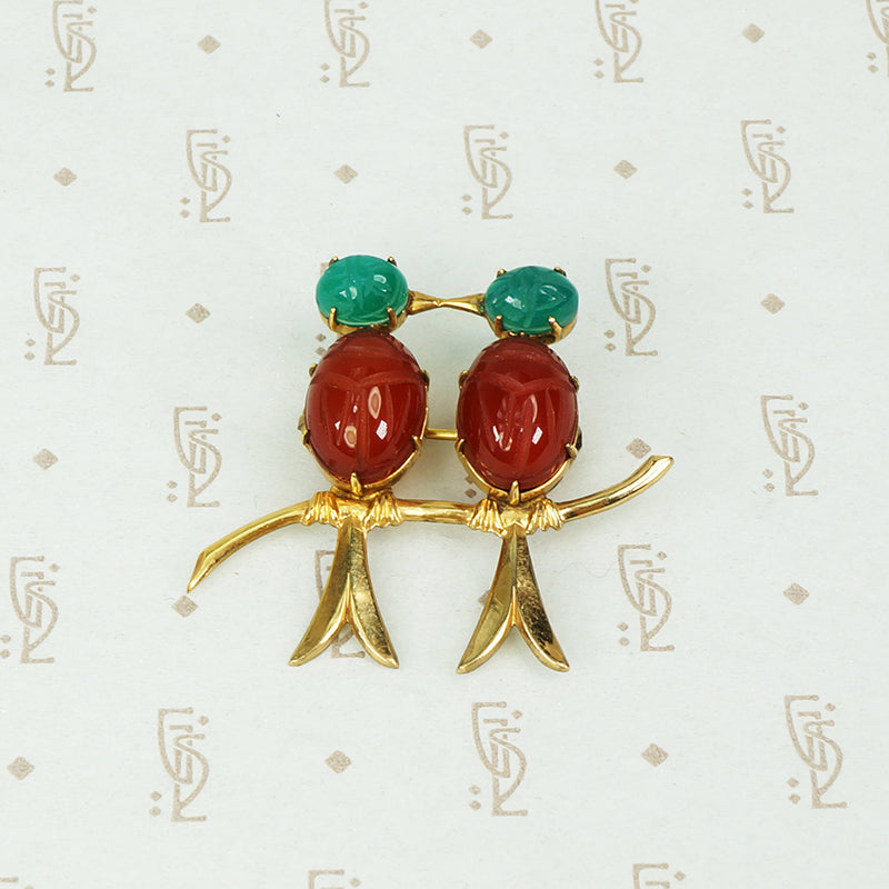 love bird brooch made with scarab carnelian