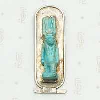 Ancient Faience Tawaret Figure in Sterling Silver Frame. Detail view.