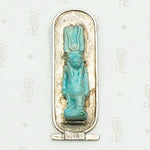 Ancient Faience Tawaret Figure in Sterling Silver Frame. Detail view.
