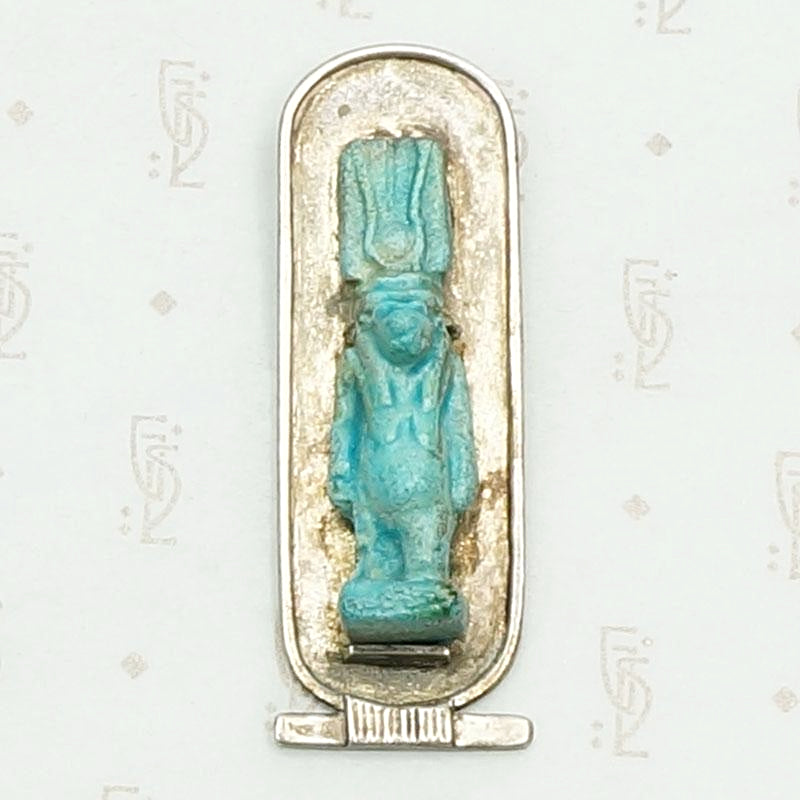 Ancient Faience Tawaret Figure in Sterling Silver Frame. Detail view.