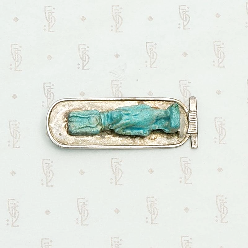 Ancient Faience Tawaret Figure in Sterling Silver Frame. Horizontal view.
