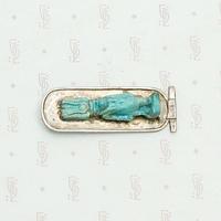 Ancient Faience Tawaret Figure in Sterling Silver Frame. Horizontal view.