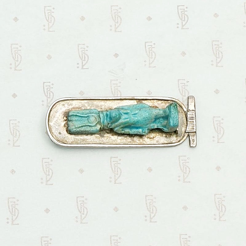 Ancient Faience Tawaret Figure in Sterling Silver Frame. Horizontal view.