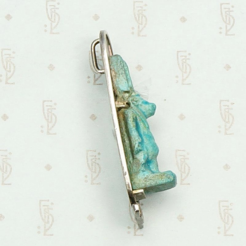 Ancient Faience Tawaret Figure in Sterling Silver Frame. Side view.