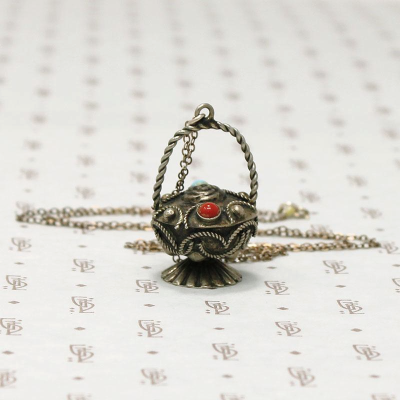 Ornate Silver Basket Charm Necklace