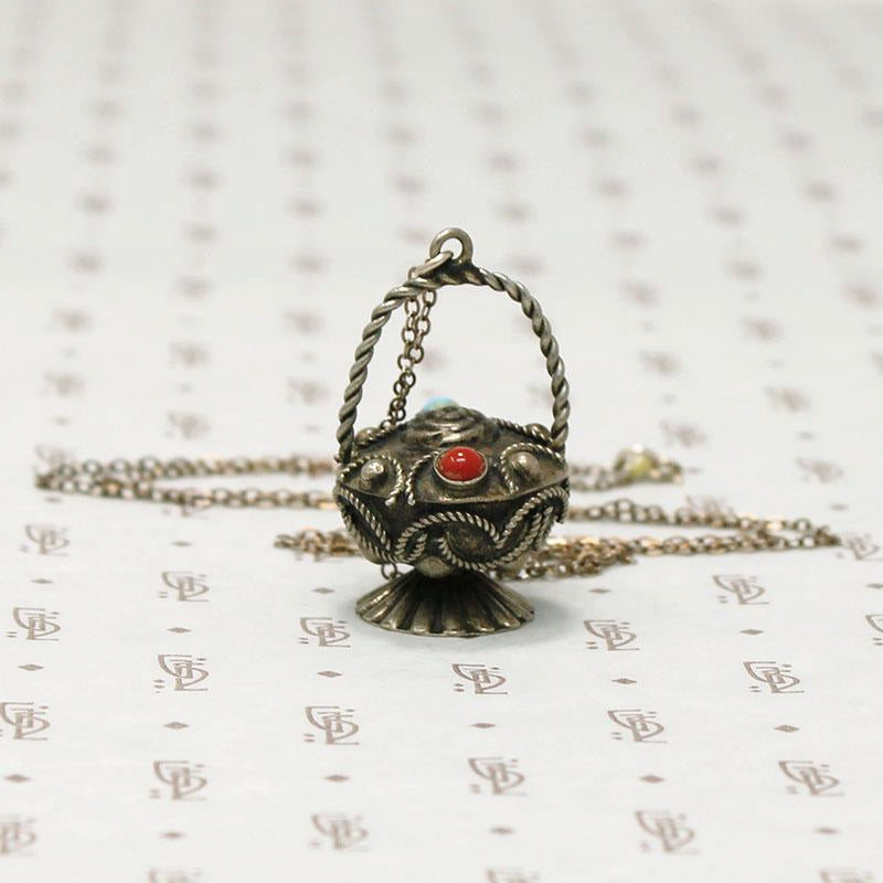 Ornate Silver Basket Charm Necklace