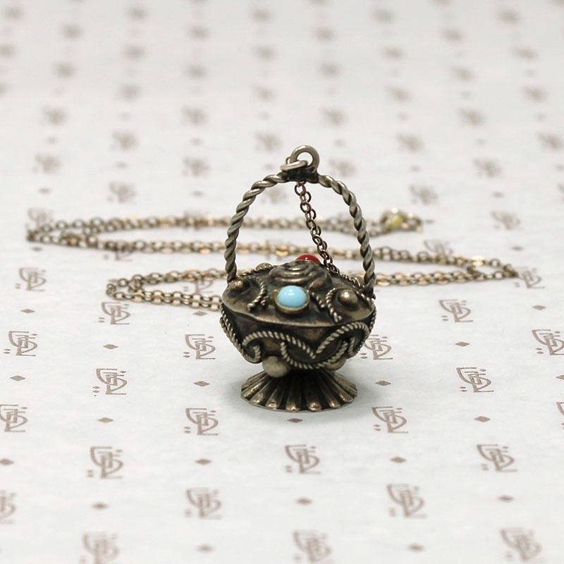 Ornate Silver Basket Charm Necklace