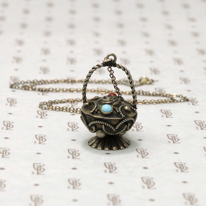 Ornate Silver Basket Charm Necklace