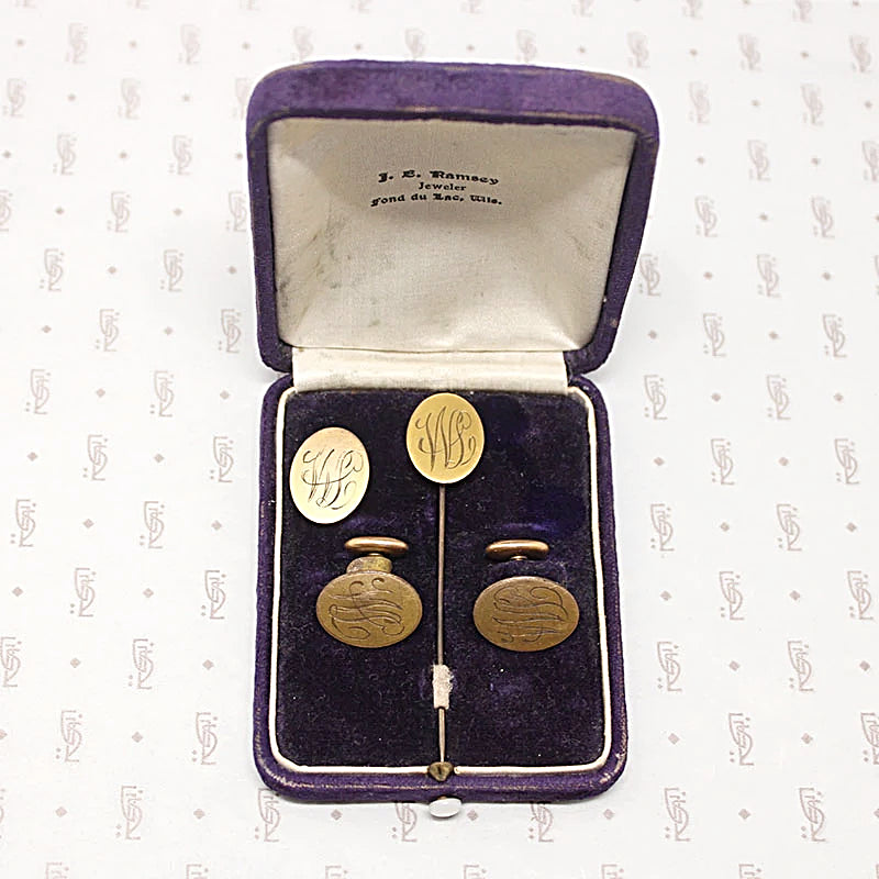 Boxed Suite of Edwardian Cufflinks, Tie Clip & Stick Pin