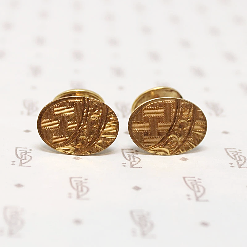 Woven Plaid Design Engraved 1940s Cufflinks